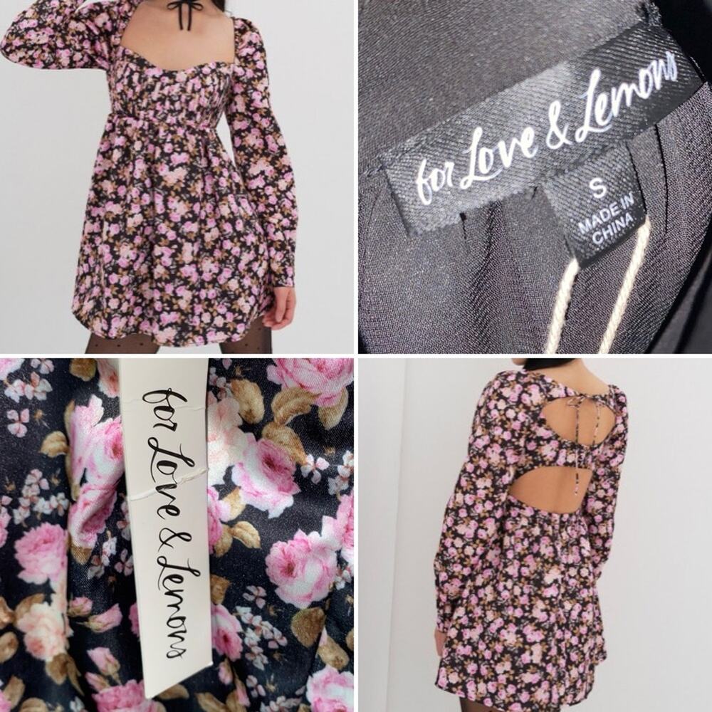 New! $254 For Love & Lemons Kate Long Sleeve Black Floral Babydoll Dress Small